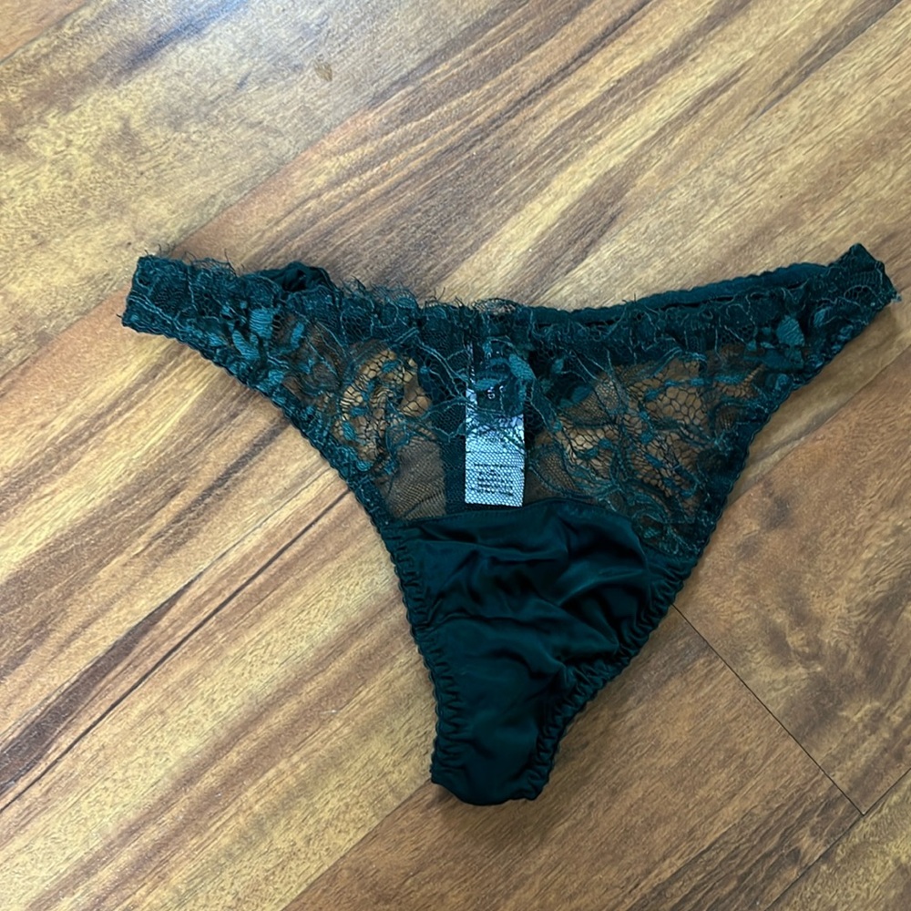 Fleur of England Lyla forest green silk lace thong medium